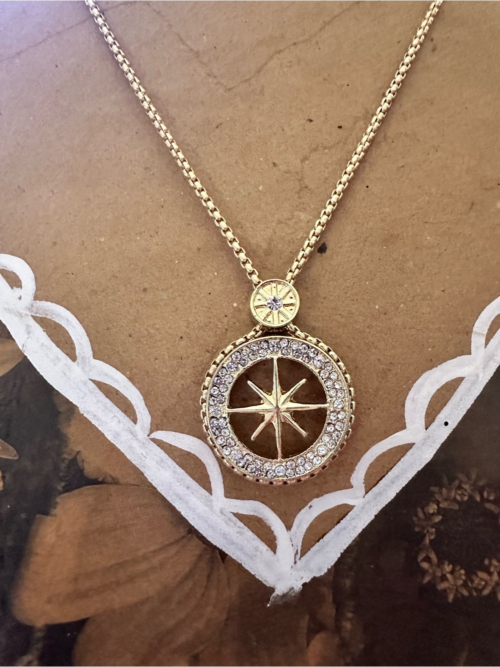 Gold Compass Star Crystal Pendant Necklace